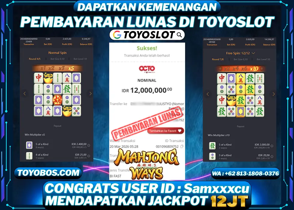 TOYOSLOT - BUKTI KEMENANGAN Mahjong Ways Rp12,000,000,- LUNAS